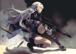 Rule 34 | 1girl, an-94, an-94 (girls&#039; frontline), assault rifle, blue eyes, expressionless, gas mask, girls&#039; frontline, gloves, grey jacket, gun, jacket, long hair, mask, niac, optical sight, rifle, shell casing, shorts, smoke, solo, squatting, thighs, weapon, white gloves, white hair, white shorts