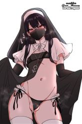 Rule 34 | 1boy, bikini, black hair, blush, bow, bridal gauntlets, capelet, contrapposto, hair between eyes, heavy breathing, highres, jewelry, long hair, mars symbol, mask, micro bikini, nagano rira, navel, necklace, nun, original, partially visible testicles, red eyes, see-through, side-tie bikini bottom, skindentation, small penis, swimsuit, testicles, thighhighs, trap, white thighhighs