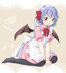 Rule 34 | 1girl, alternate costume, apron, bat wings, black pantyhose, blue hair, blush, bow, bowtie, enmaided, fang, frown, full body, hair bow, highres, large bow, long sleeves, looking at viewer, maid, maid headdress, no shoes, ominome, pantyhose, red eyes, remilia scarlet, short hair, sitting, solo, sweatdrop, touhou, wariza, wings
