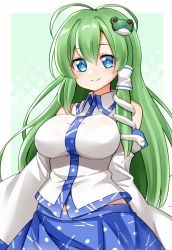 Rule 34 | 1girl, antenna hair, bare shoulders, blue eyes, blue skirt, blush, border, breasts, closed mouth, detached sleeves, frog hair ornament, green hair, hair between eyes, hair ornament, highres, japanese clothes, kochiya sanae, large breasts, long hair, nontraditional miko, ribbon-trimmed sleeves, ribbon trim, skirt, smile, snake hair ornament, solo, suwa yasai, touhou, upper body, white border, wide sleeves