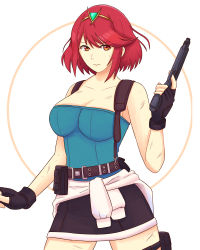Rule 34 | 1girl, absurdres, bare arms, breasts, cleavage, clothes around waist, cosplay, cowboy shot, fingerless gloves, gloves, gun, handgun, highres, holding, jill valentine, jill valentine (cosplay), medium breasts, miniskirt, pouch, pyra (xenoblade), red eyes, red hair, resident evil, short hair, skirt, solo, strapless, swept bangs, thigh pouch, tiara, truejekart, weapon, xenoblade chronicles (series), xenoblade chronicles 2