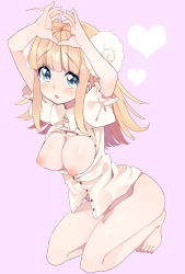Rule 34 | 1girl, amezawa koma, animal ears, arms up, barefoot, blonde hair, blue eyes, blush, bottomless, breasts, breasts out, framed breasts, heart, heart hands, horns, inverted nipples, kneeling, large breasts, long hair, looking at viewer, nipples, no panties, open clothes, open shirt, original, pink background, sheep ears, shirt, simple background, solo