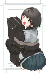 Rule 34 | 1girl, :d, black hair, blush, cardigan vest, cropped legs, from behind, green eyes, green skirt, highres, instrument case, jacket, off shoulder, open mouth, original, paw print, pleated skirt, short hair, signature, skirt, smile, solo, white background, yunimaru