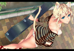 Rule 34 | 1girl, animal ears, ass, back, bad id, bad pixiv id, blonde hair, blue eyes, bra, breasts, cat ears, cat tail, colored eyelashes, derivative work, from above, from behind, guitar case, instrument case, looking up, original, panties, parted lips, shirt, short hair, smile, solo, striped clothes, striped shirt, tail, underwear, viola (seed), white bra, white panties