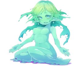 Rule 34 | 1girl, blue eyes, bottomless, breasts, colored skin, frfr, full body, green skin, highres, monster girl, navel, open mouth, original, pointy ears, simple background, sitting, slime girl, solo, transparent background, white background