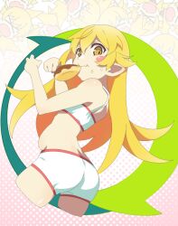 Rule 34 | 1girl, ass, bakemonogatari, belly, blonde hair, blush stickers, clenched hand, cropped legs, doughnut, fang, food, food in mouth, from side, full stomach, gesugesu ahoaho, gradient background, halftone, halftone background, hands up, long hair, looking at viewer, monogatari (series), mouth hold, oshino shinobu, petite, pink background, pointy ears, shorts, skin fang, slit pupils, solo, sports bra, white background, white shorts, white sports bra, yellow eyes