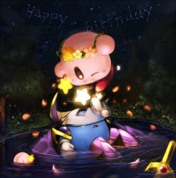 Rule 34 | armor, bad id, bad pixiv id, birthday, candy, caramel (artist), falling petals, flower, food, forest, galaxia (sword), gloves, kirby, kirby (series), lollipop, mask, meta knight, nature, night, nintendo, pauldrons, petals, pond, reflection, shooting star, shoulder armor, sky, star (sky), star (symbol), star rod, submerged, sword, tree, water, weapon, wreath