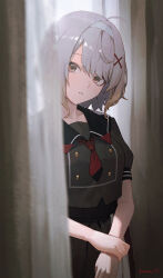 Rule 34 | 1girl, absurdres, ahoge, artist name, backlighting, black skirt, brown eyes, cowboy shot, crop top, curtains, grey hair, hair ornament, hairband, highres, indoors, looking at viewer, neckerchief, original, own hands together, parted lips, red neckerchief, school uniform, short hair, short sleeves, skirt, solo, sooon, split mouth, white hairband, x hair ornament