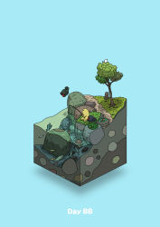 Rule 34 | absurdres, aqua background, bird, boulder, commentary request, diorama, fish, fishing, fishing rod, gozz, highres, isometric, moss, original, shore, sitting, tree
