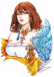 Rule 34 | 1girl, alternate costume, bare shoulders, beads, blue eyes, breasts, brown hair, cleavage, collarbone, detached collar, dress, earrings, final fantasy, final fantasy x, green eyes, hair beads, hair between eyes, hair ornament, heterochromia, jewelry, large breasts, looking at viewer, medium hair, parted lips, portrait, solo, upper body, vhyrel, wavy hair, white background, white dress, wings, yuna (ff10)