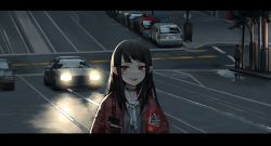 Rule 34 | 1girl, black choker, black hair, can, car, chinese commentary, choker, collarbone, commentary request, dahe z, earbuds, earphones, facial mark, fang, hand up, highres, holding, holding can, jacket, letterboxed, long hair, looking at viewer, motor vehicle, necktie, open mouth, original, outdoors, people, pointy ears, red eyes, red jacket, road, scenery, smirk, solo focus, street, tree, upper body, vampire, white necktie