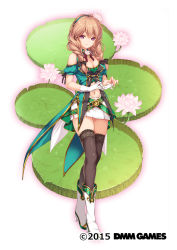 Rule 34 | 1girl, black pantyhose, black thighhighs, boots, braid, breasts, brown hair, cleavage, clothing cutout, copyright name, dmm, dress, flower, flower knight girl, full body, gloves, unworn gloves, green dress, hair flower, hair ornament, hairband, high heel boots, high heels, highres, large breasts, lily pad, long hair, looking at viewer, medium breasts, miniskirt, monety, name connection, navel cutout, object namesake, official art, ooonibasu (flower knight girl), pantyhose, purple eyes, shoulder cutout, skirt, smile, solo, standing, tagme, thighhighs, twin braids, white background, white footwear, white gloves