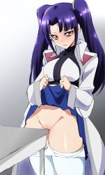 Rule 34 | 1girl, absurdres, blue hair, blue skirt, brown eyes, clothes lift, clothes pull, commission, cross ange, crotch rub, female masturbation, gradient background, grey background, highres, jacket, long hair, masturbation, oimanji, panties, panty pull, pantyhose, pantyhose pull, salia (cross ange), simple background, skeb commission, skirt, skirt lift, solo, table humping, twintails, underwear, white background, white jacket, white panties, white pantyhose