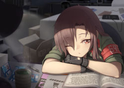 Rule 34 | 1girl, anidante, armband, black gloves, book, box, brown eyes, brown hair, cardboard box, clothes writing, commentary, crossed arms, cup, desk lamp, fingerless gloves, floppy disk, girls&#039; frontline, gloves, green tea, indoors, lamp, long hair, one eye closed, pen, reading, solo, tea, type 64 (girls&#039; frontline), yunomi