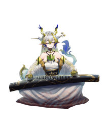 Rule 34 | alternate costume, arknights, bare shoulders, blonde hair, blue hair, chinese clothes, chinese commentary, colored extremities, commentary request, dragon girl, dragon horns, dragon tail, full body, ghosty (xiaobai), grey hair, hair intakes, highres, holding, holding instrument, horns, instrument, long hair, long sleeves, multicolored hair, music, off shoulder, playing instrument, pointy ears, shu (arknights), simple background, sitting, tail, white background