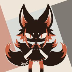 Rule 34 | 1girl, animal ears, black dress, dress, fox ears, fox girl, fox tail, full body, furry, highres, hotate oishii, limited palette, long sleeves, looking at viewer, multicolored background, multiple tails, original, pantyhose, red eyes, red pantyhose, short hair, signature, solo, tail