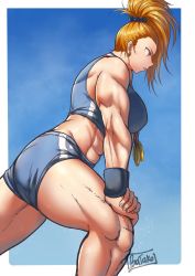 Rule 34 | 1girl, abs, batako (batakoart), blue sports bra, breasts, brown hair, captain mizuki, from side, highres, large breasts, medal, medallion, muscular, muscular female, one-punch man, solo, sports bra, stretching, sweat, thick thighs, thighs, wristband