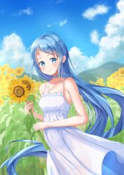 Rule 34 | 1girl, absurdres, alternate costume, aomi one, blue choker, blue eyes, blue hair, blue sky, breasts, choker, cloud, collarbone, cowboy shot, dress, field, flower, flower field, forehead, highres, jewelry, kantai collection, long hair, looking at viewer, mountain, necklace, outdoors, samidare (kancolle), sky, sleeveless, sleeveless dress, small breasts, solo, sundress, sunflower, sunflower field, swept bangs, very long hair, white dress