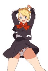 Rule 34 | 1girl, ai-wa, arms up, blonde hair, blue eyes, bow, commentary, cowboy shot, highres, lisa silverman, open mouth, panties, pantyshot, persona, persona 2, persona 2 tsumi, print panties, red bow, school uniform, short hair, smile, solo, standing, underwear, upskirt, white background