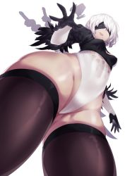 Rule 34 | 1girl, 2b (nier:automata), ass, black thighhighs, blindfold, cameltoe, curvy, dev (dev0614), feather-trimmed sleeves, foreshortening, from below, highleg, highleg leotard, highres, leotard, looking down, low angle, mole, mole under mouth, nier:automata, nier (series), pod (nier:automata), shiny skin, short hair, silhouette, silver hair, solo, thighhighs, thong leotard, wide hips