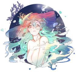 Rule 34 | 1girl, aqua hair, breasts, bubble, coral, crying, earrings, frown, hat, highres, jewelry, liquid hair, long hair, looking at viewer, no nipples, original, outside border, pink eyes, seashell, shell, starfish, tears, topless, underwater, x (comira)