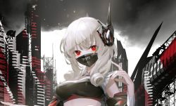 Rule 34 | 1girl, alternate costume, azur lane, breasts, building, city, cloud, cloudy sky, crop top, drill hair, drill sidelocks, hand up, headgear, highres, ka11 ca, limited palette, long hair, long sleeves, luetzow (azur lane), mask, medium breasts, mouth mask, red eyes, sidelocks, sky, solo, standing, upper body, white hair