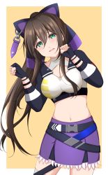 Rule 34 | 1girl, 7-mzk, animal ears, aqua eyes, assault lily, belt, black belt, black bow, black gloves, blush, border, bow, breasts, brown hair, buckle, cat ears, cleavage, cleavage cutout, clothing cutout, commentary request, cowboy shot, crop top, fake animal ears, fingerless gloves, gloves, grey thighhighs, hair between eyes, hair bow, hands up, highres, leaning to the side, long hair, long sleeves, medium breasts, midriff, multiple belts, navel, official alternate costume, outside border, parted lips, paw pose, ponytail, purple bow, purple skirt, serizawa chikaru, shirt, shrug (clothing), sidelocks, simple background, skirt, sleeveless, sleeveless shirt, snap-fit buckle, solo, stomach, thigh strap, thighhighs, two-tone bow, very long hair, white border, wristband, yellow background