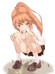 Rule 34 | 1girl, blush, bow, bowtie, brown eyes, brown footwear, concrete, embarrassed, hair ornament, hands on own knees, legs, loafers, orange hair, panties, panty pull, peeing, plaid, plaid skirt, pleated skirt, ponytail, puddle, pussy, red hair, school uniform, shirt, shoes, side bangs, skirt, socks, solo, squatting, sweatdrop, sweater vest, uncensored, underwear, water drop, weeds, white background, white panties, white shirt, white socks, yellow sweater vest