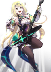 Rule 34 | bare shoulders, black pantyhose, blonde hair, breasts, chest jewel, cleavage, cleavage cutout, clothing cutout, dress, earrings, elbow gloves, gloves, guitar, instrument, jewelry, large breasts, long hair, mythra (massive melee) (xenoblade), mythra (xenoblade), pantyhose, s565656, short dress, solo, swept bangs, thigh strap, tiara, very long hair, white dress, white gloves, xenoblade chronicles (series), xenoblade chronicles 2, yellow eyes