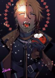 Rule 34 | 1boy, apple, artist name, axel syrios, black background, black gloves, black jacket, black shirt, blonde hair, blue eyes, braid, bright pupils, collared jacket, eating, fangs, food, fruit, gloves, hair between eyes, highres, holding, holding food, holding fruit, holostars, holostars english, jacket, long sleeves, looking at viewer, multicolored hair, open mouth, red hair, saliva, shirodb, shirt, side braid, streaked hair, tongue, tongue out, upper body, virtual youtuber, white pupils