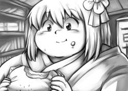 Rule 34 | 1girl, blush, book, bookshelf, burger, close-up, door, double chin, eating, fat, female focus, flower, food, food on face, hair between eyes, hair flower, hair ornament, hieda no akyuu, indoors, japanese clothes, kimono, library, looking down, monochrome, nazotyu, obese, short hair, sketch, smile, solo, sweat, touhou, upper body