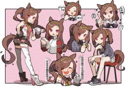 Rule 34 | 1girl, :&gt;, :d, :o, :t, amonitto, animal ears, asymmetrical gloves, bare shoulders, black bow, black gloves, black shirt, black shorts, blue jacket, bow, brown hair, closed mouth, cup, disposable cup, eating, epaulettes, food, food on face, gloves, hair down, hand on own hip, highres, holding, holding cup, holding food, horse ears, horse girl, horse tail, jacket, long hair, mismatched gloves, multiple views, open clothes, open jacket, open mouth, pink shirt, ponytail, puffy short sleeves, puffy sleeves, purple shirt, sakura bakushin o (umamusume), sakura mochi, school uniform, shaded face, shirt, short shorts, short sleeves, shorts, sleeveless, sleeveless shirt, smile, sweat, swept bangs, tail, teeth, tracen school uniform, track jacket, translation request, triangle mouth, umamusume, upper teeth only, very long hair, wagashi, white gloves, white jacket, white shorts