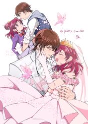 Rule 34 | 1boy, 1girl, absurdres, blue jacket, blush, bow, bowtie, braid, bridal veil, bride, brown hair, bug, butterfly, butterfly earrings, closed eyes, coco (yes! precure 5), cropped jacket, dress, earrings, elbow gloves, gloves, hair bobbles, hair ornament, happy, highres, hood, hooded jacket, insect, jacket, jewelry, kibou no chikara ~otona precure &#039;23~, kokoda kouji, l&#039;ecole des cinq lumieres school uniform, long sleeves, looking at another, medium hair, necklace, necktie, non (pretty cure620), off-shoulder dress, off shoulder, open mouth, pink butterfly, pink dress, pink eyes, pink gloves, pink hair, pleated dress, precure, purple dress, purple jacket, red bow, red bowtie, ring, shirt, short hair, signature, smile, suit jacket, tiara, twitter username, two side up, veil, wedding dress, wedding ring, white background, white jacket, white necktie, white shirt, yes! precure 5, yes! precure 5 gogo!, yumehara nozomi