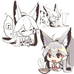 Rule 34 | 1girl, :d, ^ ^, animal ears, barefoot, bowl, chibi, closed eyes, closed mouth, eighth note, food, fox ears, fox girl, fox tail, hair between eyes, holding, japanese clothes, kimono, long hair, long sleeves, multiple views, musical note, open mouth, original, ponytail, red eyes, silver hair, sitting, smile, spoken musical note, tail, tail raised, tree, very long hair, walking, white kimono, wide sleeves, yuuji (yukimimi)