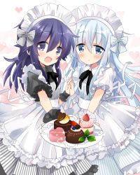 Rule 34 | 2girls, :d, :o, akatsuki (kancolle), alternate costume, apron, bad id, bad pixiv id, black dress, blue eyes, blue hair, blush, commentary request, cupcake, doily, dress, enmaided, food, hair between eyes, heart, heart background, hibiki (kancolle), highres, hizuki yayoi, holding, holding hands, holding plate, interlocked fingers, kantai collection, long hair, looking at viewer, maid, maid headdress, multiple girls, open mouth, parted lips, plate, puffy short sleeves, puffy sleeves, purple eyes, purple hair, short sleeves, smile, sweets, valentine, very long hair, white dress, wrist cuffs