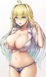 Rule 34 | 1girl, ahoge, blonde hair, blue shorts, blush, breasts, buran (22x), choker, cleavage, collared shirt, cutoffs, denim, denim shorts, elf, elven forest maker, flower-shaped pupils, front-tie top, grabbing own breast, green eyes, green hair, hair intakes, highres, last origin, looking at viewer, micro shorts, navel, open fly, open mouth, pointy ears, shirt, shorts, simple background, smile, solo, symbol-shaped pupils, v, white background, white shirt