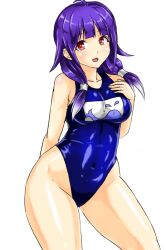 Rule 34 | 1girl, ahoge, animal print, blue one-piece swimsuit, breasts, collarbone, contrapposto, covered navel, fish print, hair flaps, hand on own chest, highleg, highleg swimsuit, kantai collection, kudou (ooabareteng), large breasts, low twintails, one-piece swimsuit, purple hair, red eyes, school swimsuit, simple background, solo, swimsuit, taigei (kancolle), twintails, whale print, white background