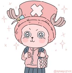 Rule 34 | 1boy, antlers, artist name, backpack, bag, blush, bocchi the rock!, cosplay, cowboy shot, gotoh hitori, gotoh hitori (cosplay), hat, hooves, horns, jacket, looking at viewer, pink jacket, shoulder bag, simple background, smile, solo, standing, star (symbol), top hat, white background, yunayuispink