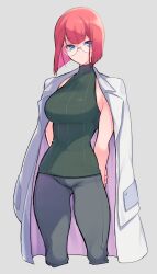 Rule 34 | 1girl, black pants, blue eyes, bob cut, breasts, closed mouth, glasses, green sweater, grey background, heris ardebit, highres, lab coat, large breasts, looking at viewer, pants, promare, red hair, round eyewear, short hair, simple background, solo, sweater, takatsuki ichi