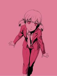 Rule 34 | 1girl, :o, atlus, doujima nanako, formal, gintama, highres, looking at viewer, monochrome, necktie, open mouth, pant suit, pants, parody, persona, persona 4, pink eyes, pink theme, short twintails, solo, standing, suit, twintails, uzu hi