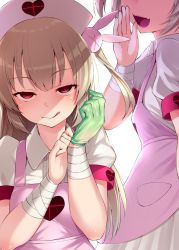 Rule 34 | 1girl, ;p, apron, bandaged arm, bandages, blunt bangs, breasts, center frills, cle masahiro, commentary, eyelashes, fang, fingernails, frills, gloves, green gloves, hair ornament, half-closed eyes, hand to own mouth, hand up, hat, head out of frame, highres, latex, latex gloves, licking lips, light brown hair, long fingernails, long hair, looking at viewer, nail polish, natori sana, nurse cap, one eye closed, open mouth, pink apron, pink hat, pleated skirt, puffy short sleeves, puffy sleeves, rabbit hair ornament, red eyes, red nails, sana channel, shirt, short sleeves, sidelocks, simple background, skirt, smile, solo, tongue, tongue out, two side up, virtual youtuber, white background, white shirt, white skirt