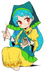 Rule 34 | 1girl, apron, blue hair, blush stickers, commentary request, cropped legs, dress, feet out of frame, frills, glint, green apron, green headwear, haniwa (statue), haniyasushin keiki, head scarf, holding, ini (inunabe00), long hair, looking at viewer, magatama, magatama necklace, necklace, red eyes, simple background, sitting, smile, solo, tools, touhou, white background, wide sleeves, yellow dress