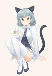 Rule 34 | 1girl, absurdres, animal ears, black shirt, boots, cat ears, cat tail, closed mouth, dot mouth, flower, full body, green eyes, grey background, grey hair, hand on own chest, highres, jacket, long sleeves, looking at viewer, mao lian (nekokao), medium hair, miniskirt, necktie, open clothes, open jacket, pleated skirt, sanya v. litvyak, shirt, simple background, skirt, solo, strike witches, tail, thighhighs, white flower, white footwear, white jacket, white skirt, white thighhighs, world witches series