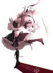 Rule 34 | 1girl, adipocere (vocaloid), andou (and y u), arched back, arm up, bloom, boots, closed eyes, collared shirt, commentary request, dancing, dress, floating hair, frilled dress, frills, full body, fur-trimmed jacket, fur trim, hair half undone, hair ribbon, highres, jacket, knee boots, long hair, long sleeves, lyrics, neck ribbon, open clothes, open jacket, open mouth, pantyhose, ribbon, shadow, shirt, simple background, smile, solo, standing, standing on one leg, tearing up, torch, twintails, vocaloid, white background
