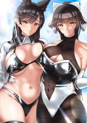 Rule 34 | 2girls, animal ears, atago (azur lane), atago (stunning speedster) (azur lane), azur lane, bare shoulders, bikini, black bikini, black hair, black legwear, blue sky, blunt bangs, blush, bodystocking, bow, breast press, breasts, cleavage, cleavage cutout, closed mouth, clothing cutout, cloud, commentary, cowboy shot, day, dog ears, elbow gloves, english commentary, extra ears, gloves, groin, hair between eyes, hair bow, hair flaps, hair ribbon, hand on another&#039;s waist, highleg, highleg bikini, highres, kymp, large breasts, lens flare, leotard, light rays, logo, long hair, looking at viewer, midriff, mole, mole under eye, multicolored leotard, multiple girls, navel, navel cutout, pantyhose, ponytail, race queen, ribbon, shiny clothes, shrug (clothing), side-by-side, sidelocks, skindentation, sky, smile, standing, sunbeam, sunlight, swept bangs, swimsuit, takao (azur lane), takao (full throttle charmer) (azur lane), thighhighs, two-tone bikini, two-tone leotard, underboob, white bow, white gloves, white ribbon, white sleeves