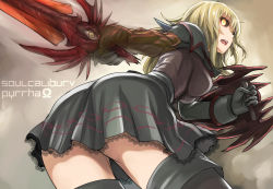 Rule 34 | 1girl, armor, armored dress, ass, bad id, bad pixiv id, black sclera, black thighhighs, blonde hair, breasts, character name, colored sclera, copyright name, dark persona, lace, lace-trimmed skirt, lace trim, long hair, medium breasts, namco, omega symbol, pyrrha alexandra, pyrrha omega, shield, skirt, solo, soul calibur, soulcalibur, soulcalibur v, sword, tea (nakenashi), thighhighs, weapon, yellow eyes