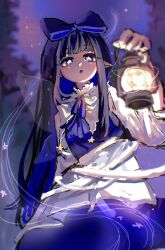 Rule 34 | 1girl, :o, absurdres, arm up, black hair, blue bow, blue dress, blue eyes, blunt bangs, blurry, blurry background, bow, dress, eyebrows hidden by hair, from below, hair bow, highres, holding, holding lantern, lantern, light blush, long hair, night, night sky, one-hour drawing challenge, open mouth, pointy ears, shouxishao jiuyuan, sidelocks, sky, solo, star-shaped pupils, star (symbol), star sapphire, symbol-shaped pupils, touhou, very long hair