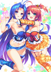 Rule 34 | 2girls, :d, ahoge, alice wishheart, animal hair ornament, antenna hair, arm cuffs, armpits, arms around neck, asymmetrical docking, bare shoulders, belt, blue belt, blue eyes, blue footwear, blue hair, blue shorts, blue socks, blush, bow, breast press, breasts, bucchake (asami), cleavage, commentary request, corset, cowboy shot, crescent, crescent earrings, crop top, detached sleeves, earrings, facial mark, fang, forehead mark, frilled skirt, frills, garter straps, green eyes, groin, hand up, jack-o&#039;-lantern, jewelry, kneehighs, large breasts, leg belt, long hair, looking at viewer, magical halloween, midriff, multiple girls, nail polish, navel, one side up, open mouth, orange hair, orange legwear, orange skirt, orange sleeves, parted bangs, parted lips, pink nails, plaid, plaid legwear, plaid shorts, plaid skirt, plaid sleeves, pumpkin, rosemary bergamot, short hair, short shorts, shorts, sidelocks, skirt, smile, socks, standing, standing on one leg, star (symbol), star earrings, starry background, thigh strap, thighhighs, white background, yellow bow, zettai ryouiki