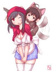 Rule 34 | 2016, 2girls, aged down, ahoge, animal costume, apron, big bad wolf, big bad wolf (cosplay), black hair, blue eyes, braid, breast press, breasts, cape, cleavage, cloak, commentary request, cosplay, dated, hair ornament, highres, hood, hoodie, kanon (kurogane knights), kantai collection, large breasts, little red riding hood, little red riding hood (grimm), little red riding hood (grimm) (cosplay), long hair, looking at another, looking at viewer, miniskirt, multiple girls, o o, on shoulder, one eye closed, plaid, plaid skirt, red eyes, shigure (kancolle), shirt, short hair, simple background, single braid, skirt, skirt set, tail, tail wagging, thighhighs, waist apron, watermark, white background, white legwear, white shirt, wolf costume, yamashiro (kancolle)