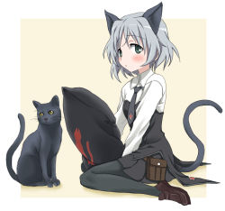 Rule 34 | 1girl, animal ears, bad id, bad pixiv id, cat, cat ears, cat tail, e-n, green eyes, military, military uniform, necktie, pantyhose, pillow, sanya v. litvyak, short hair, silver hair, solo, strike witches, tail, uniform, world witches series